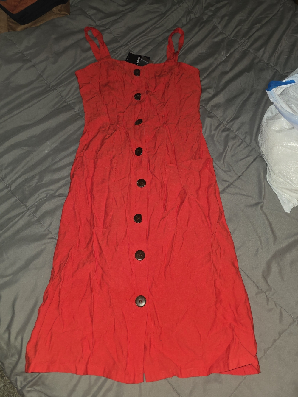 Forever 21 Red Button-Front Midi Dress with Spaghetti Straps